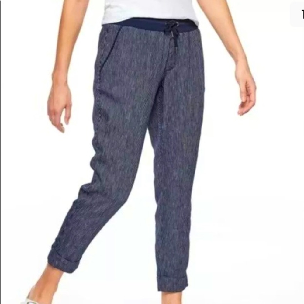 Athleta Striped Navy Blue Bali Linen Cropped Ankle Pants Size 4